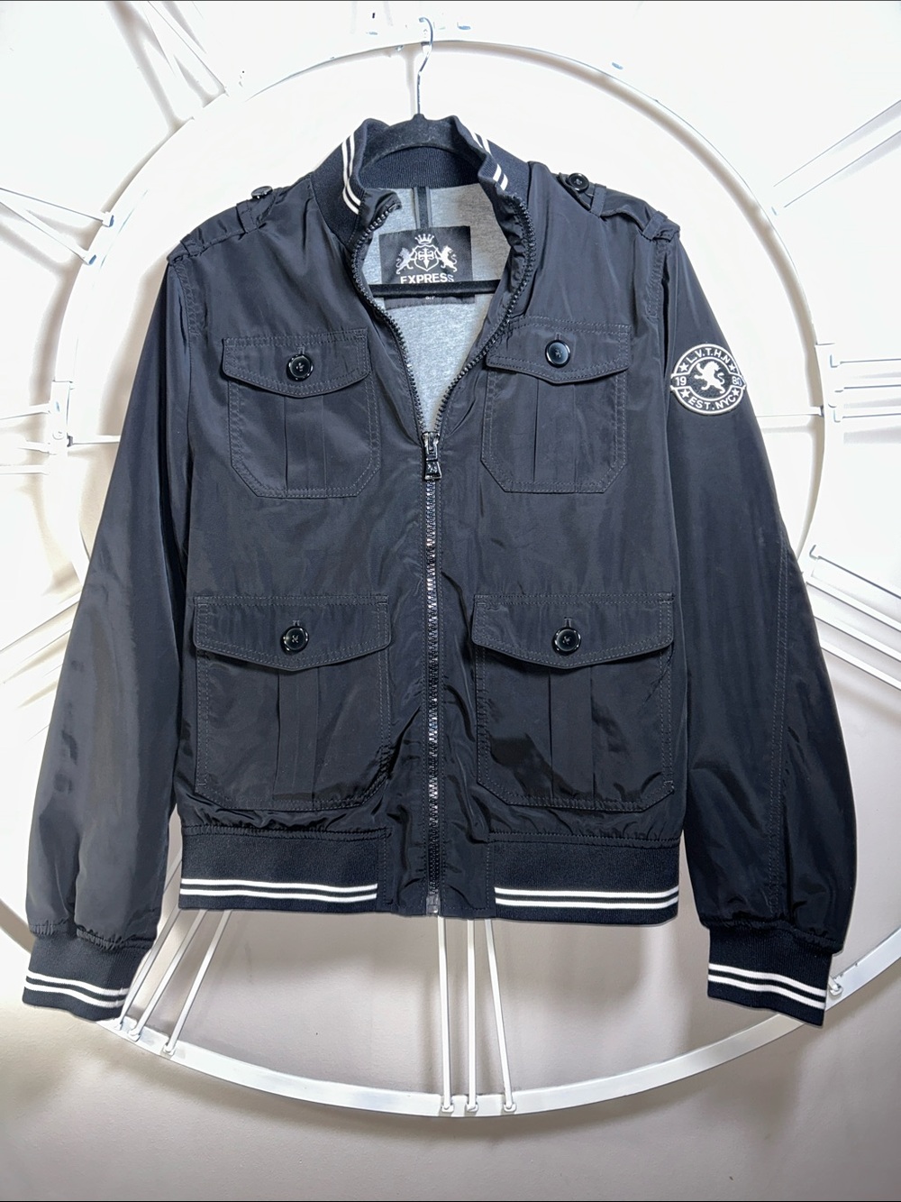 Express Men's L.V.T.H.N NYC Military Bomber Jacket Black